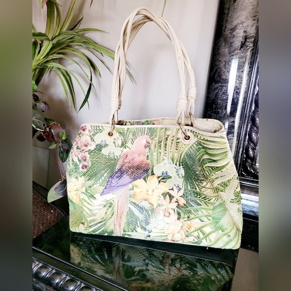 Paolo Masi Women's Genuine Leather Shoulder Bag Tropical/Parrot Print 16"×11"×6"